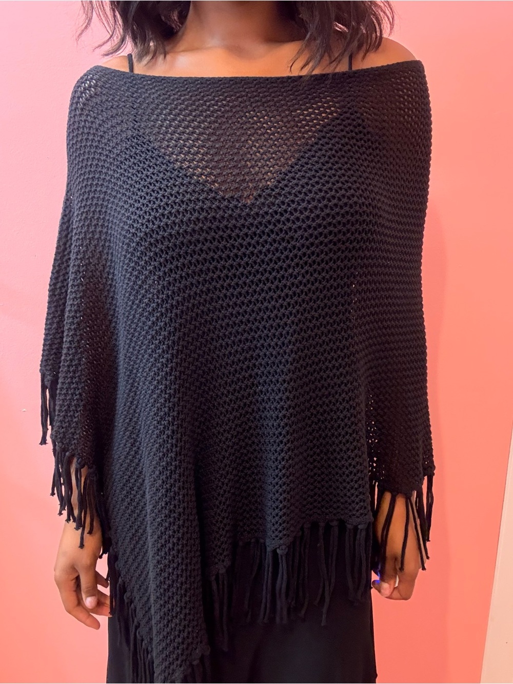 Black Fringe Knit Poncho Sweater